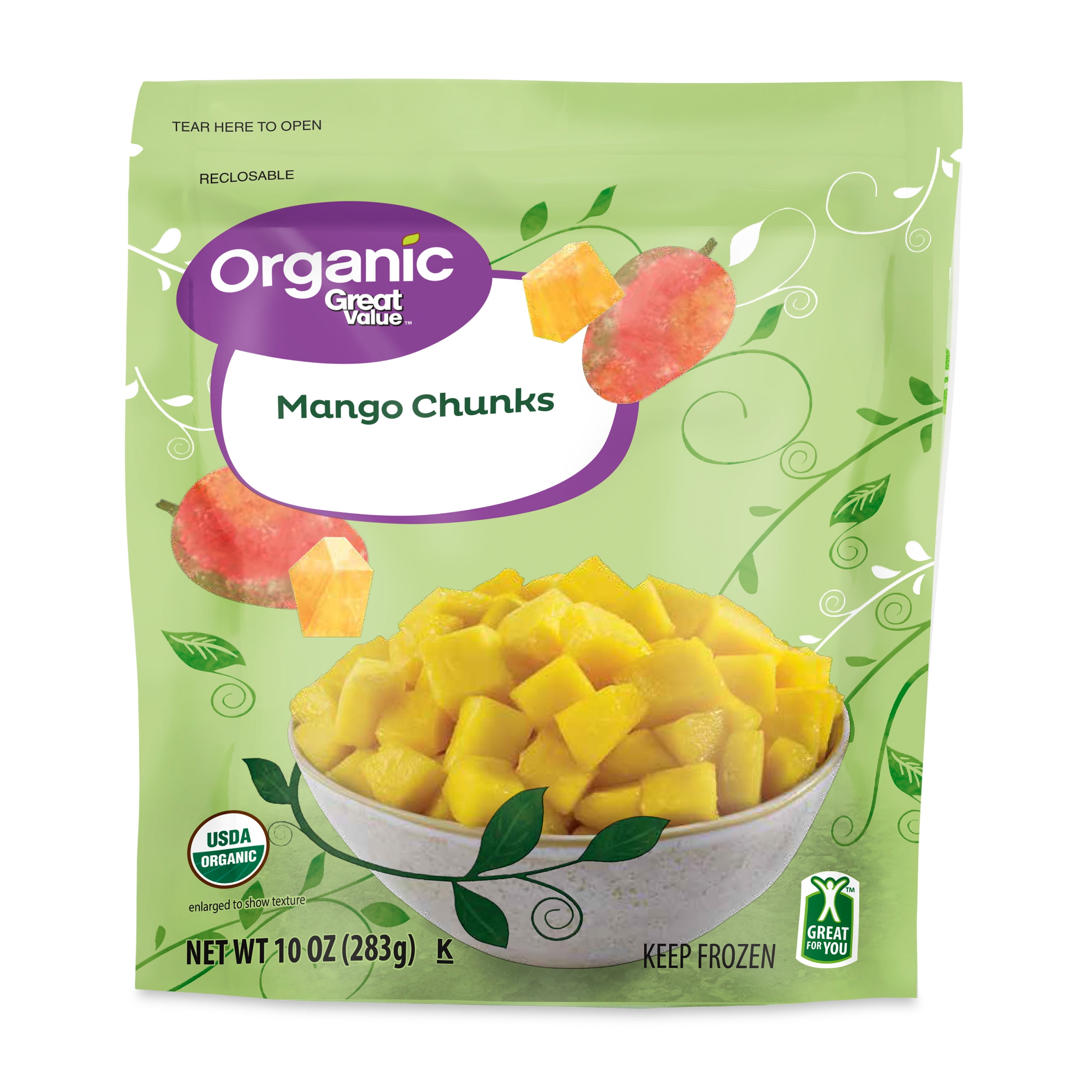 Great Value Organic Frozen Mango Chunks, 10 Oz in resealable bag