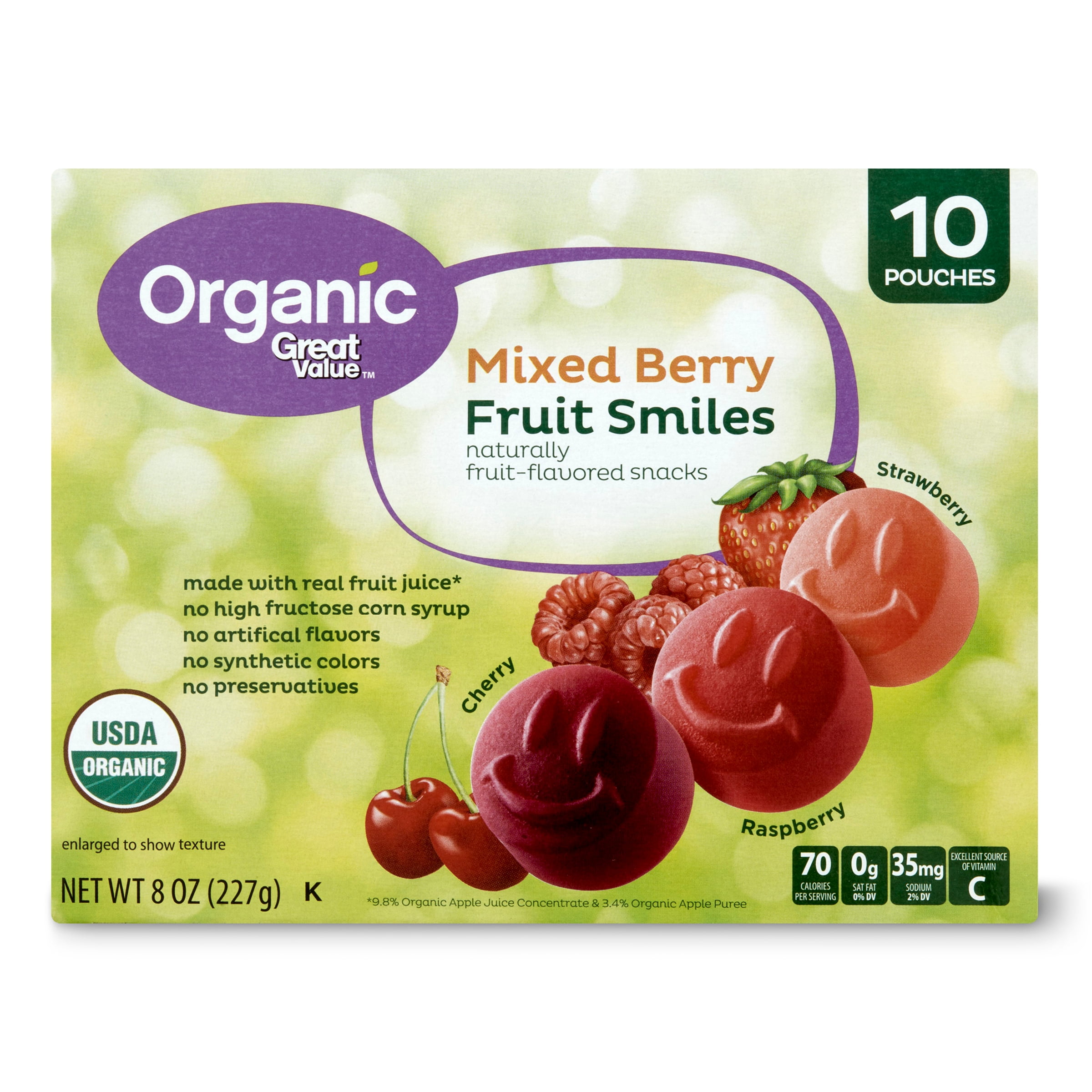 Great Value Organic Mixed Berry Fruit Smiles, 8 oz, 10 Count