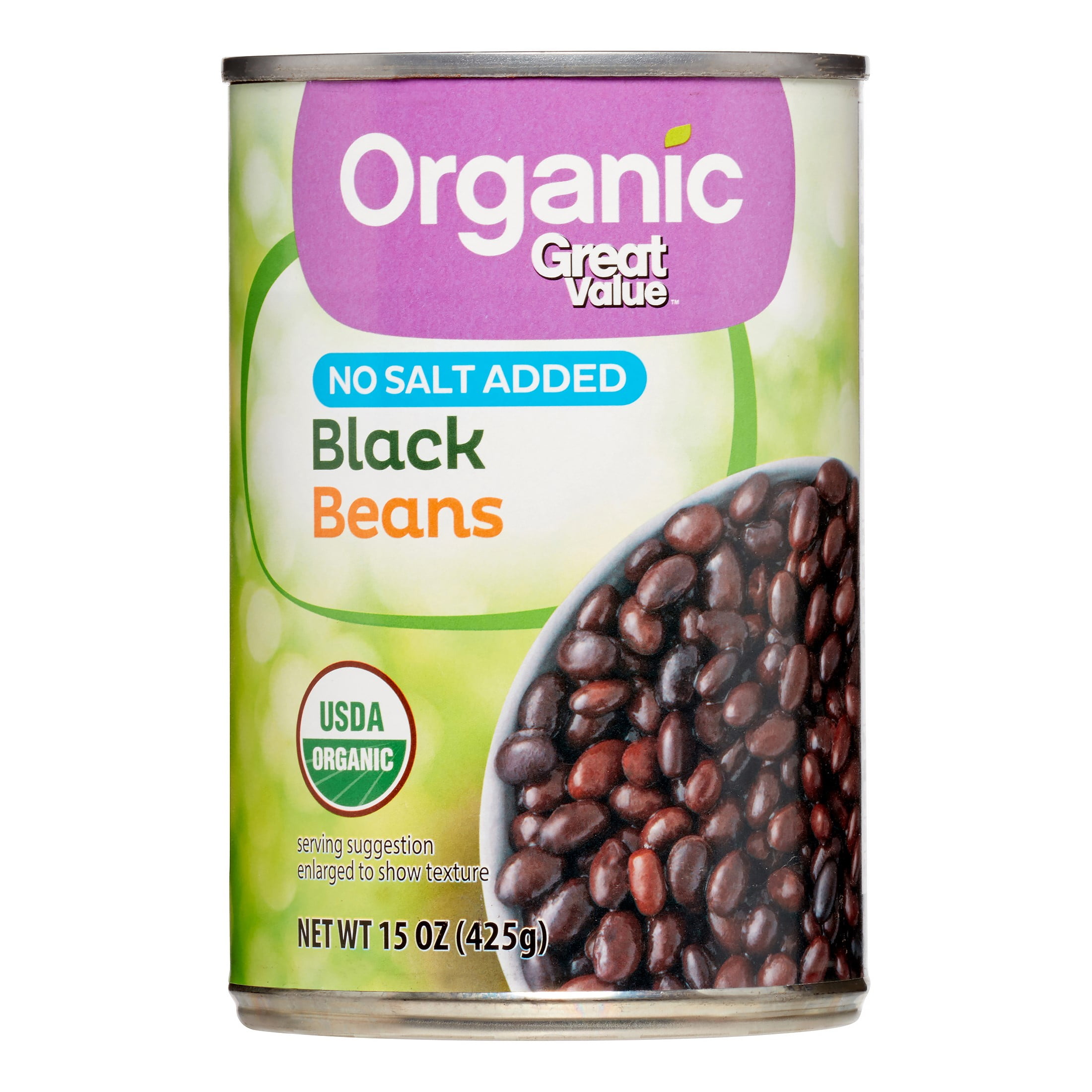 Great Value Organic No Salt Added Black Beans, 15 oz