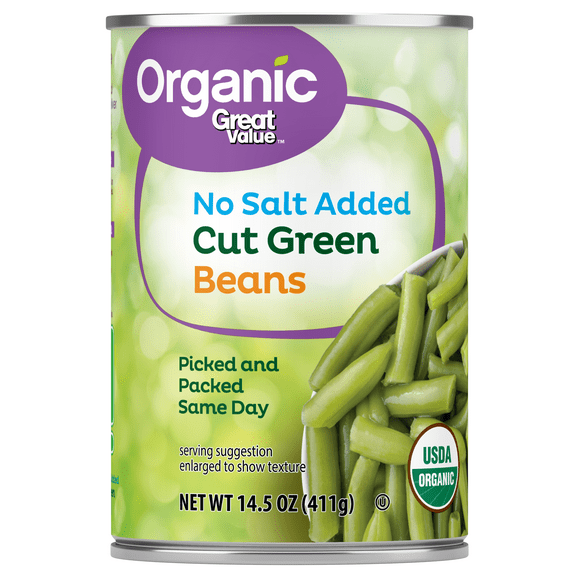 Great Value Organic No Salt Added Cut Green Beans, 14.5 oz Can