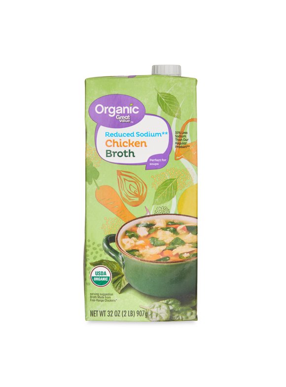 Great Value Organic Reduced Sodium Chicken Broth, 32 oz Carton, Shelf-Stable/Ambient, Liquid