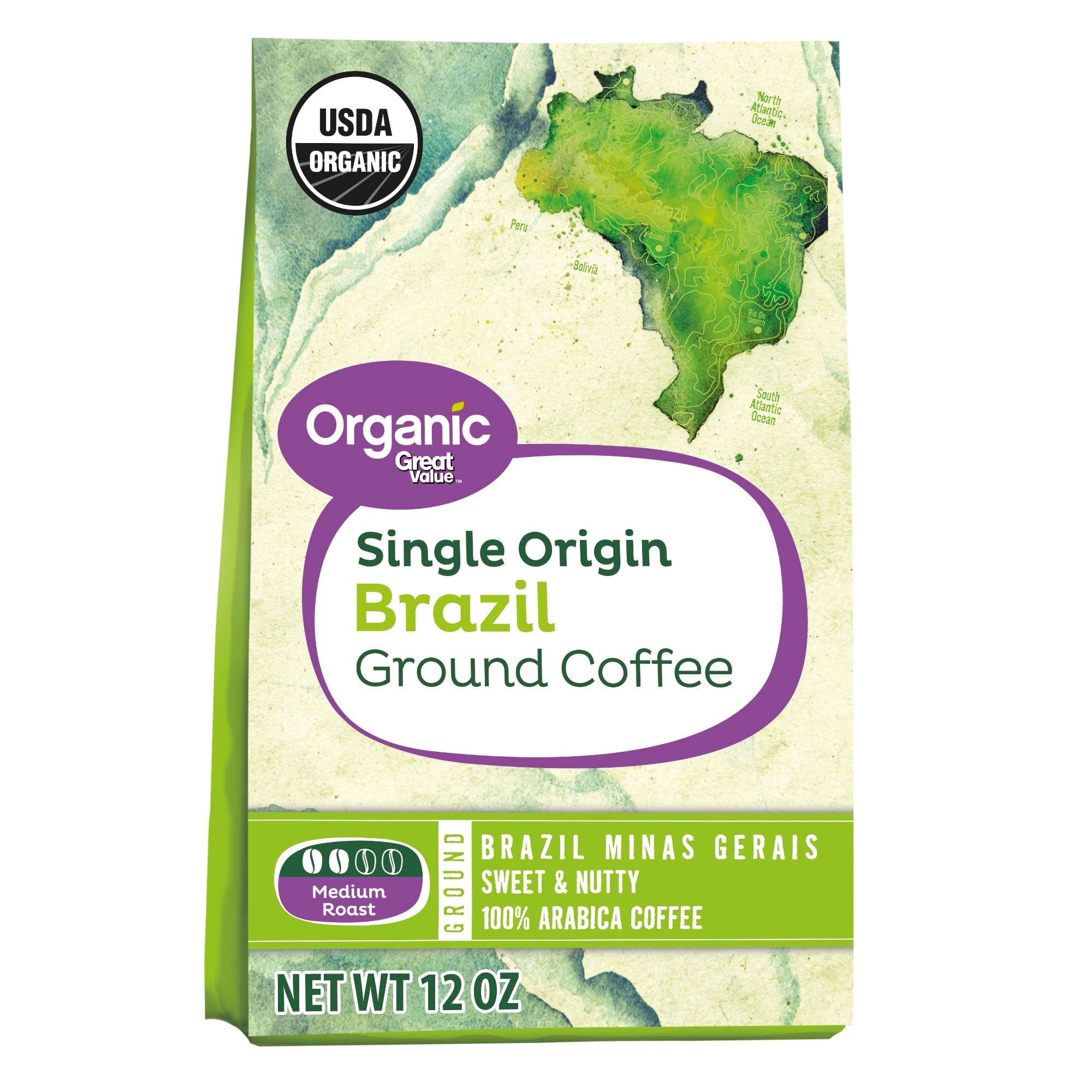 Great Value Organic Single Origin Brazil Ground Coffee, 12 oz