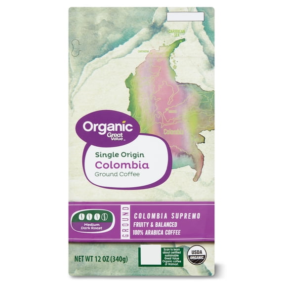 Great Value Organic Single Origin Colombia, Medium Dark Roast, Ground Coffee, 12 oz