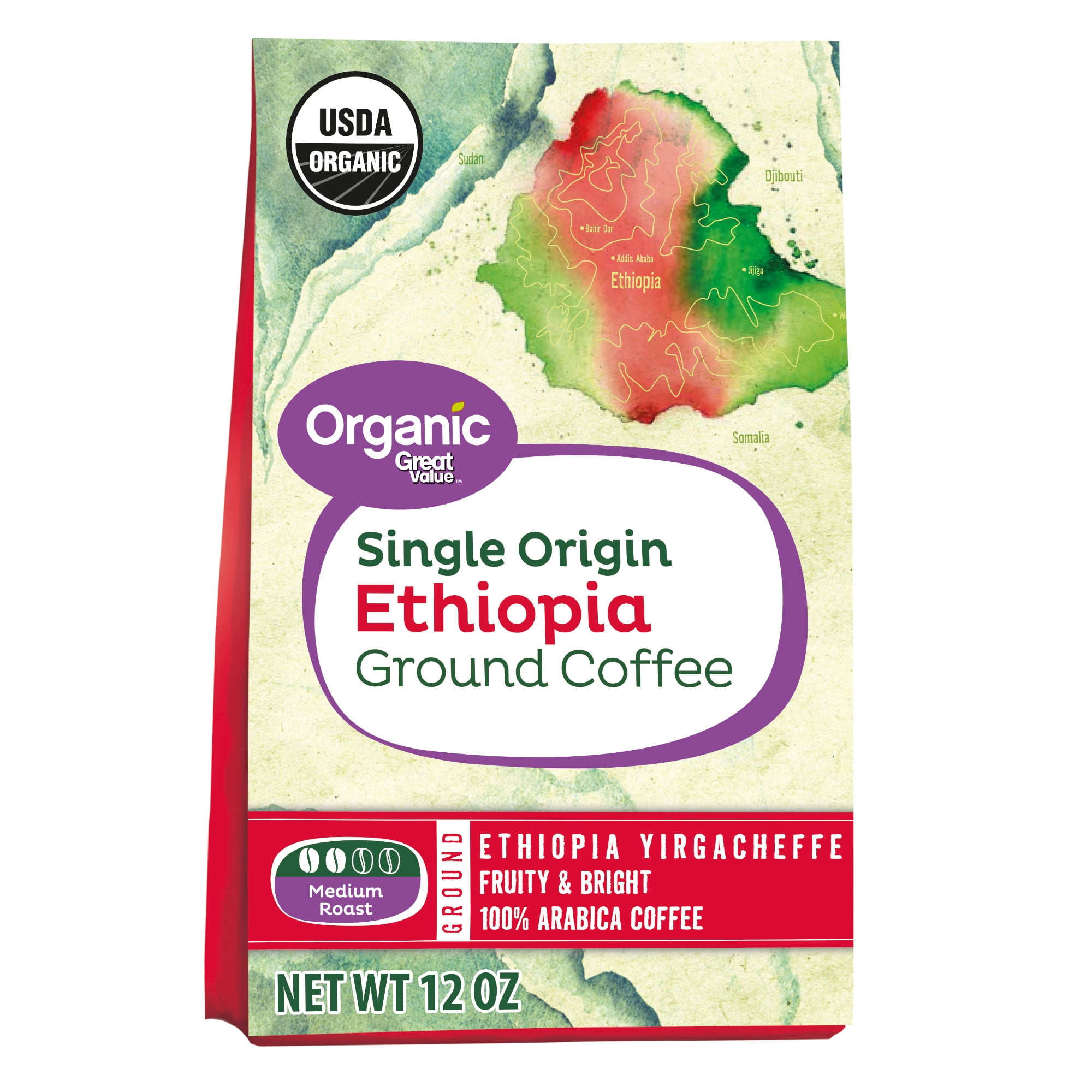 Great Value Organic Single Origin Ethiopia Ground Coffee, 12 oz