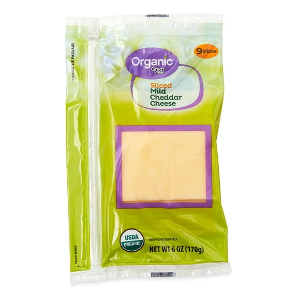 Great Value Organic Sliced Mild Cheddar Cheese, 9 Slices, 6 oz Bag