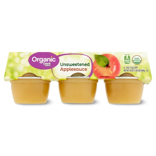 Great Value Organic Unsweetened Applesauce, 4 oz, 6 Count