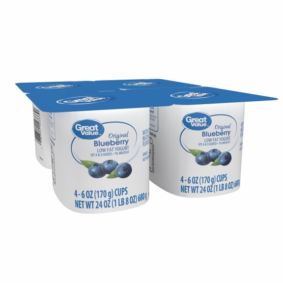 Great Value Original Blueberry Low-fat Yogurt, 6 oz Cups, 4 Count