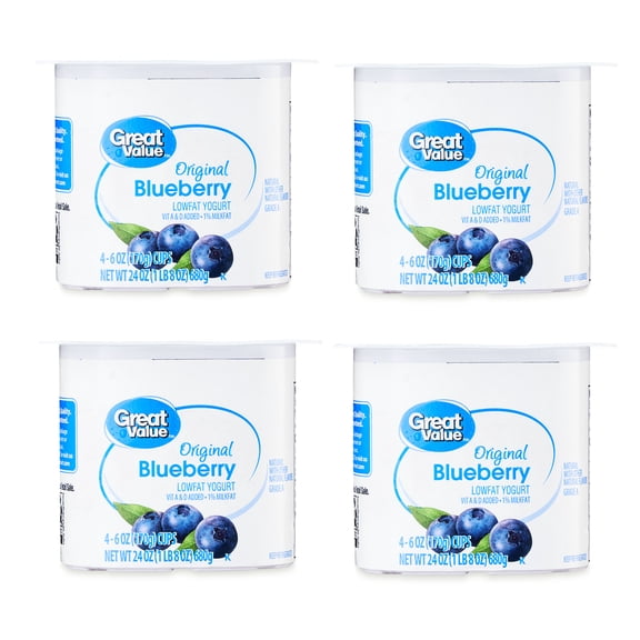 Great Value Original Blueberry Low-fat Yogurt, 6 oz Cups, 4 Count