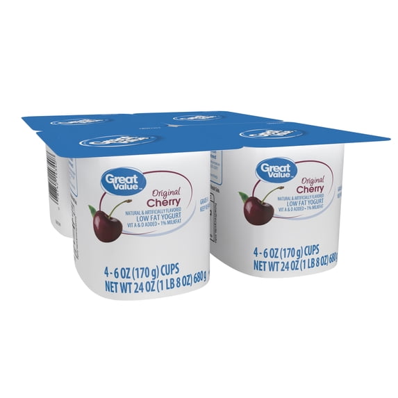 Great Value Original Cherry Low-fat Yogurt, 6 oz Cups, 4 Count