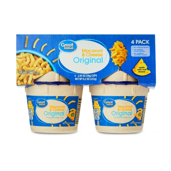 Great Value Original Macaroni & Cheese, 2.05 oz, 4 Pack (Shelf Stable)