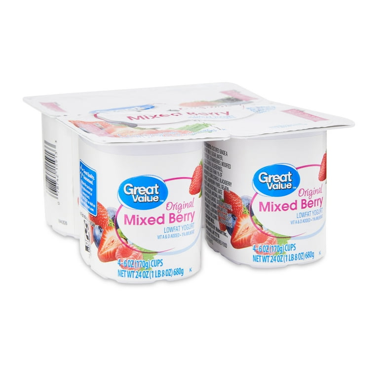 Ｏigurt Great Value Lowfat Mixed Berry Yogurt, 6 oz, 4 Count, with Vitamin