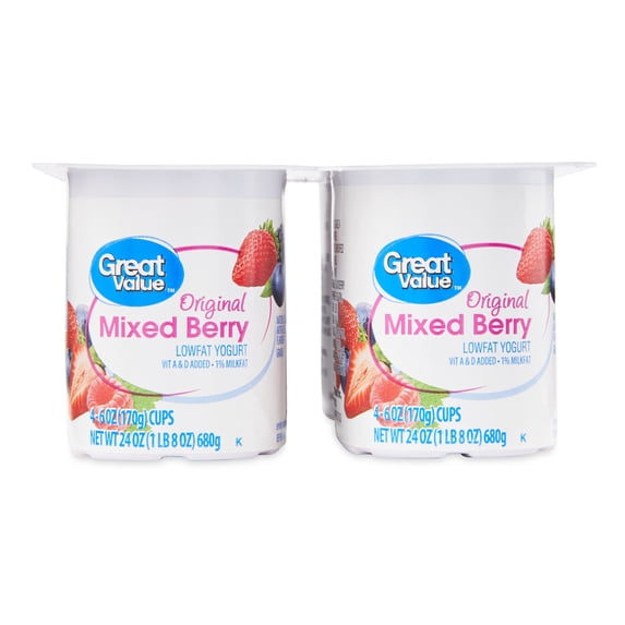 Great Value Original Mixed Berry Low-fat Yogurt, 6 oz Cups, 4 Count