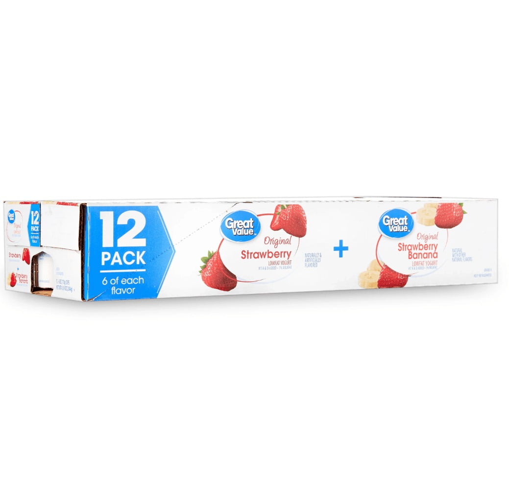 Great Value Original Strawberry and Strawberry Banana Lowfat Yogurt, 6 oz Cups, 12 Pack