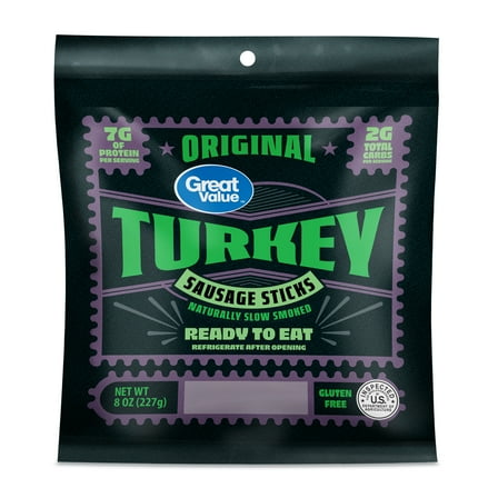 Great Value Original Fully Cooked Turkey Sausage Sticks Resealable Plastic Package, 8 oz