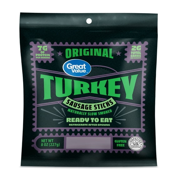 Great Value Original Turkey Sausage Sticks, Fully Cooked, 8 oz (Resealable Plastic Package)
