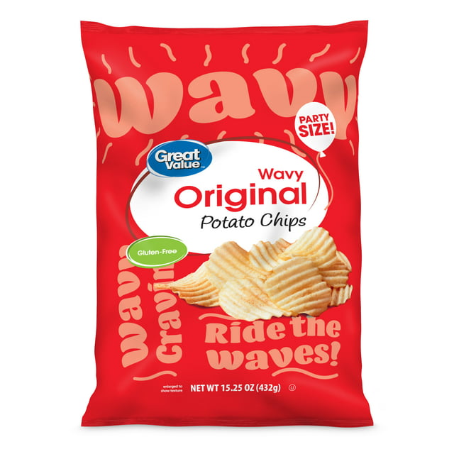 Great Value Original Wavy Potato Chips Party Size, 15.25 oz