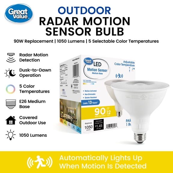 Great Value PAR38 Outdoor Radar Motion Sensor LED Flood Light, Dusk-to-Dawn, 5CCT, 1050 Lumens