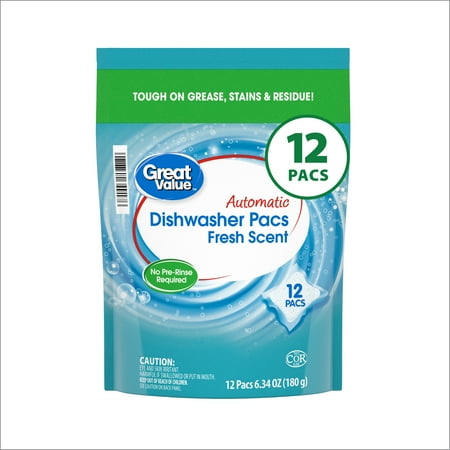 Great Value Pacs Dishwasher Detergents, Clean Fresh Scent, 6.34 Ounce, 12 Count