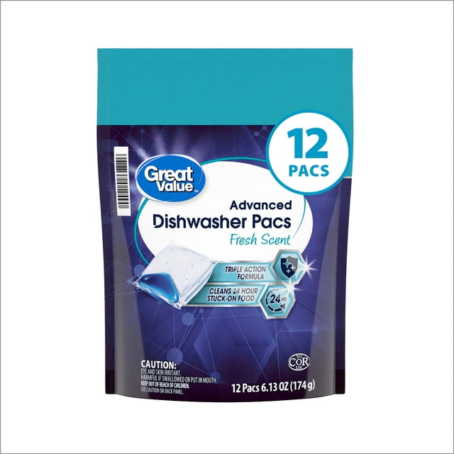 Great Value Pacs Dishwasher Detergents, Fresh Scent, 6.13 Ounce, 12