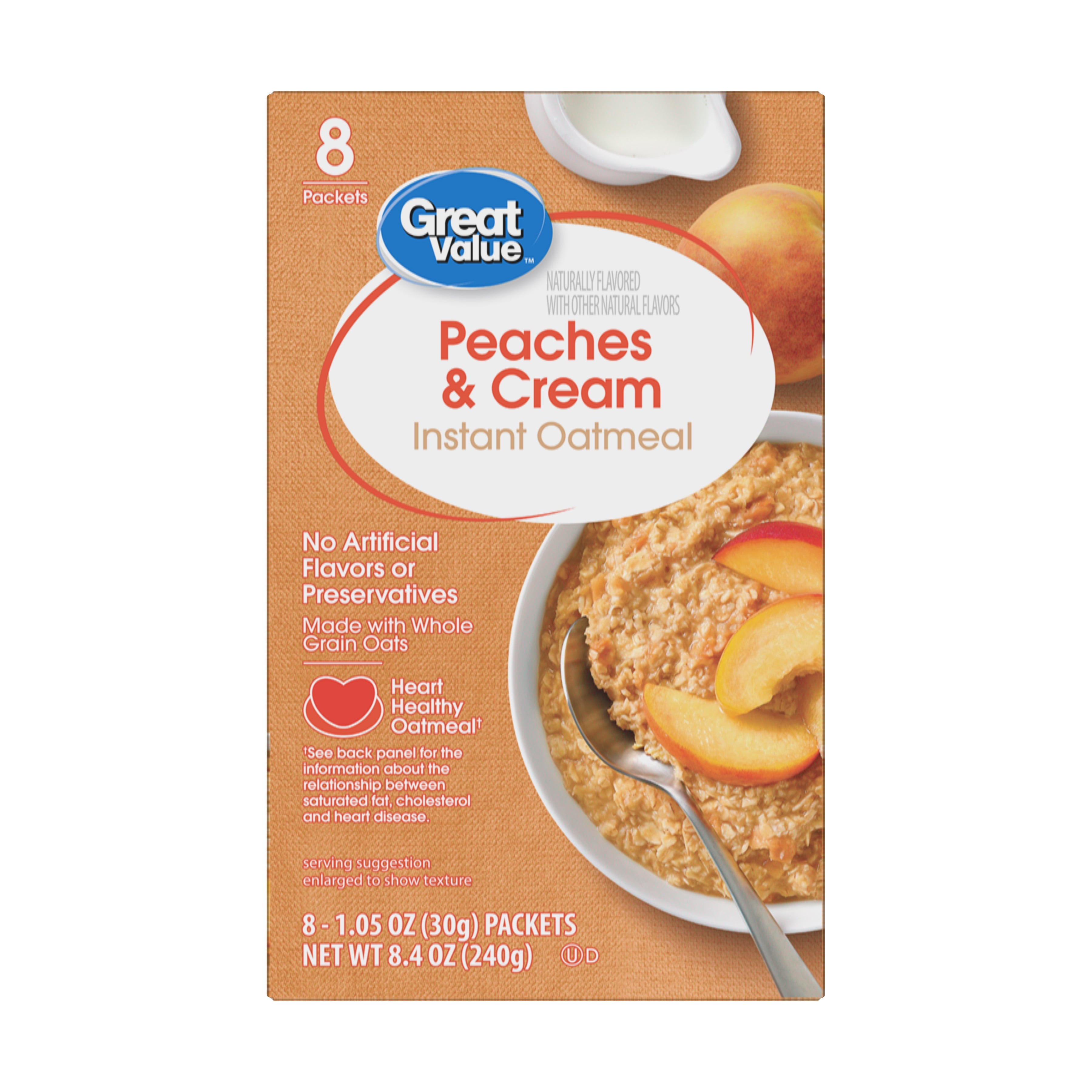 Great Value Peaches & Cream Instant Oatmeal, 1.05 oz, 8 Count
