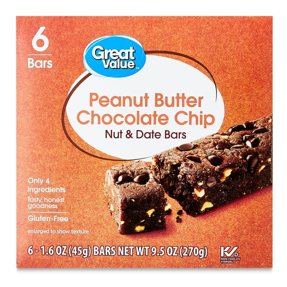 Great Value Peanut Butter Chocolate Chip Date & Nut Bars, 9.6 oz, 6 Count
