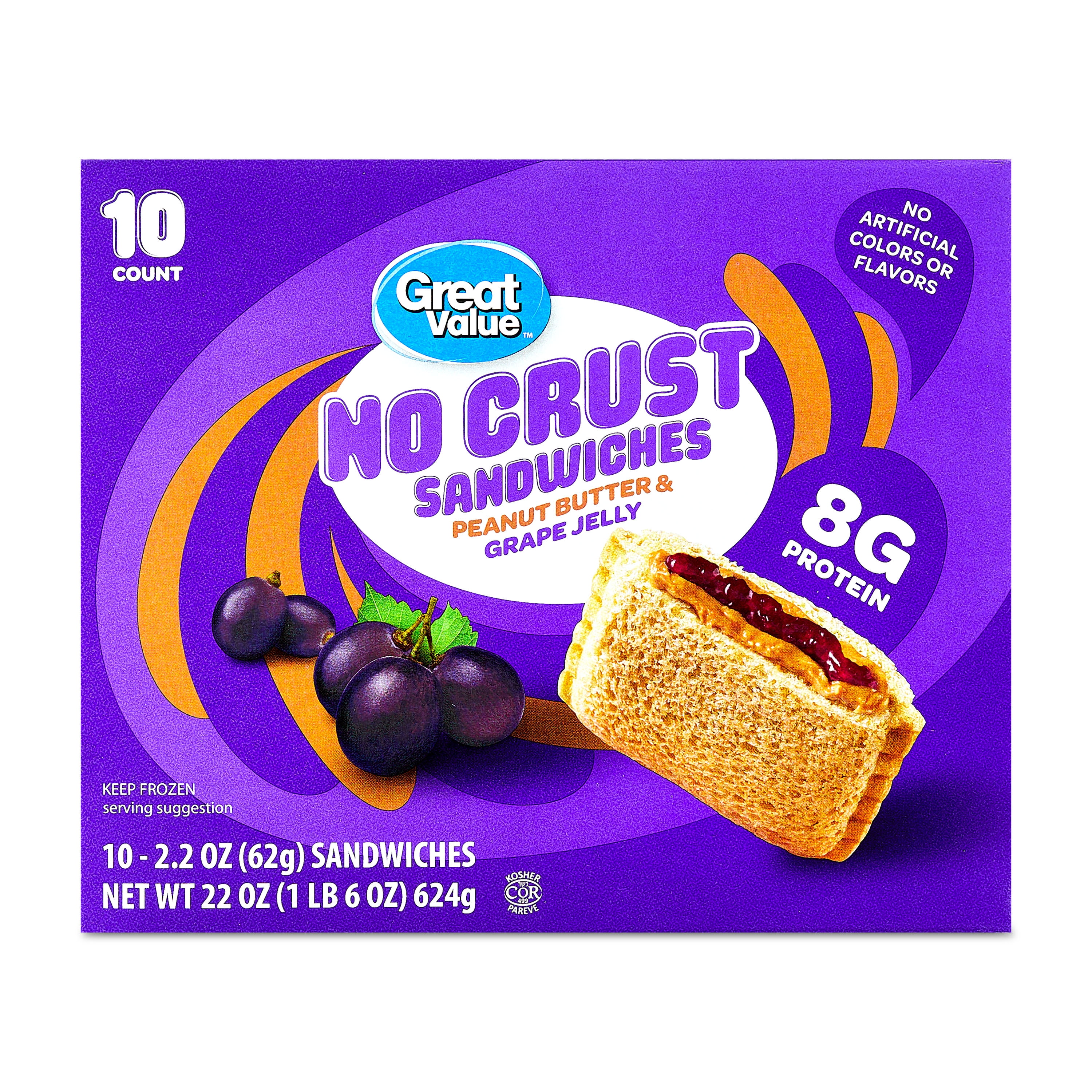 Great Value Peanut Butter & Grape Jelly No Crust Sandwiches, 22 oz (624g), 10 Count, Regular Size (Frozen)
