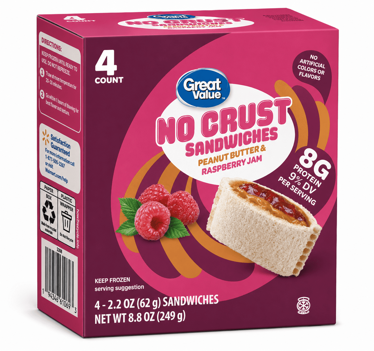 Great Value Peanut Butter and Raspberry Spread No Crust Sandwiches, 8oz, 4 Count (Frozen)