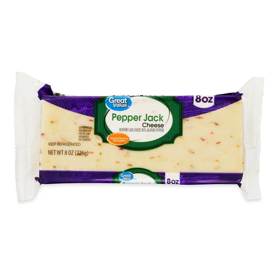 Great Value Pepper Jack Block Cheese, 8 oz Chunk