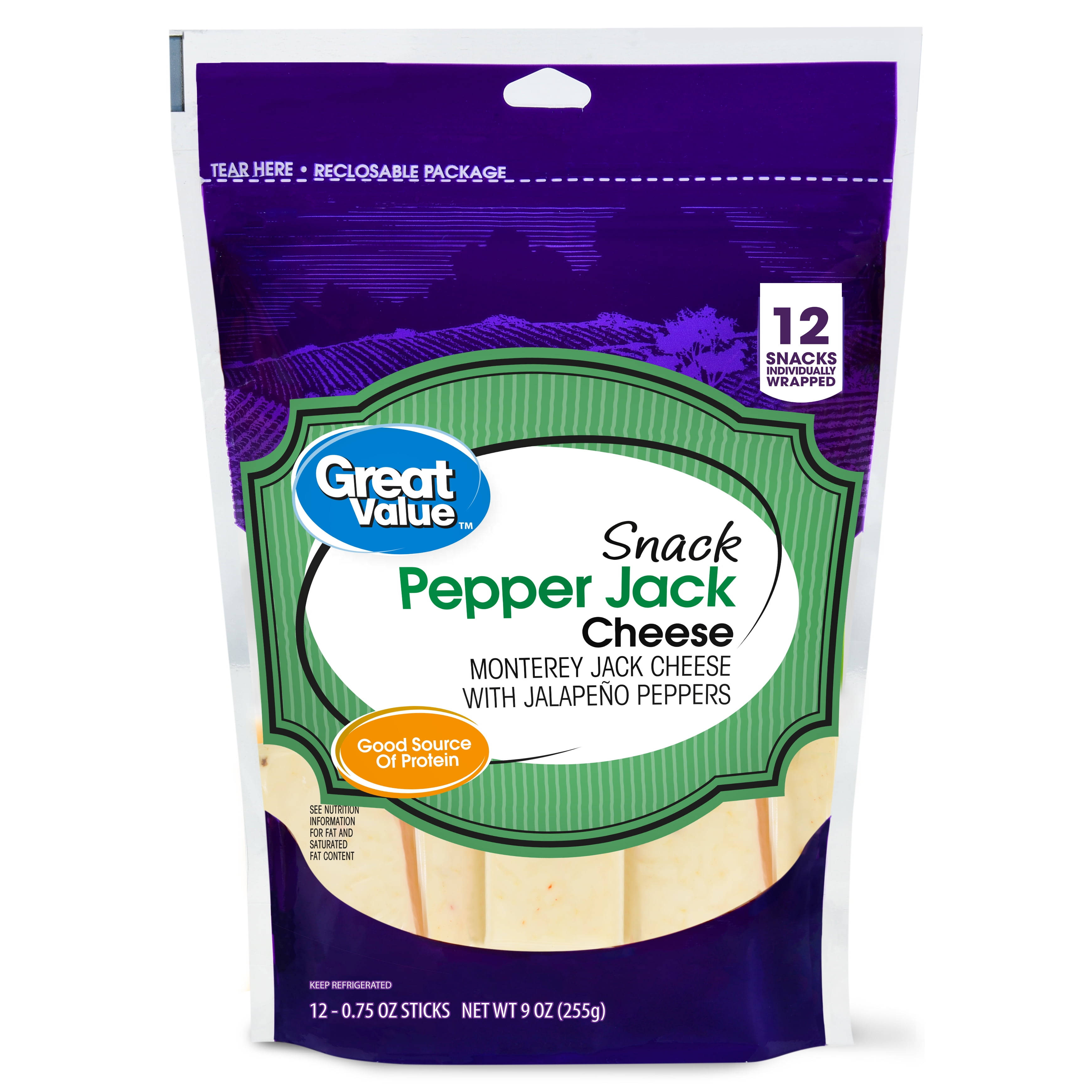 Great Value Pepper Jack Cheese, 9oz, 12 Snack Blocks (Plastic Packaging)