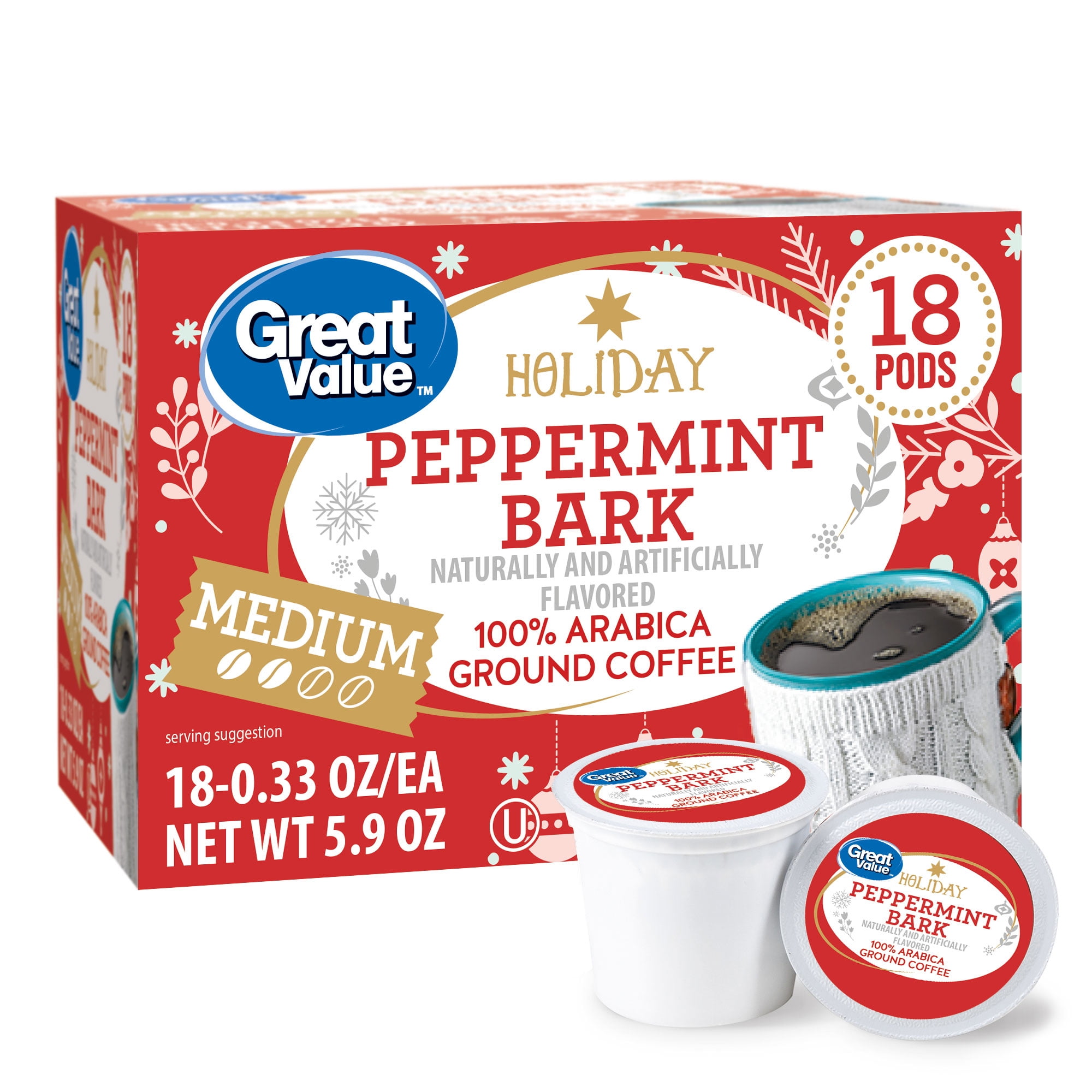 Great Value Peppermint Bark Single Serve Medium Roast Ground Coffee