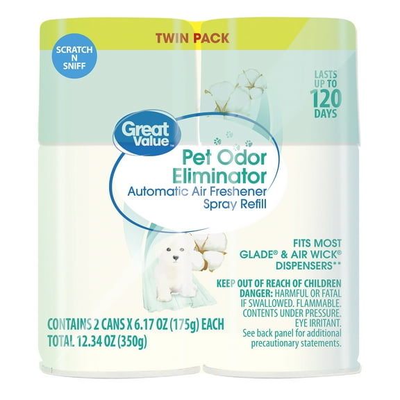 Great Value Pet Odor Eliminator Automatic Air Freshener Spray Refill, 12.34 oz, 2 Count