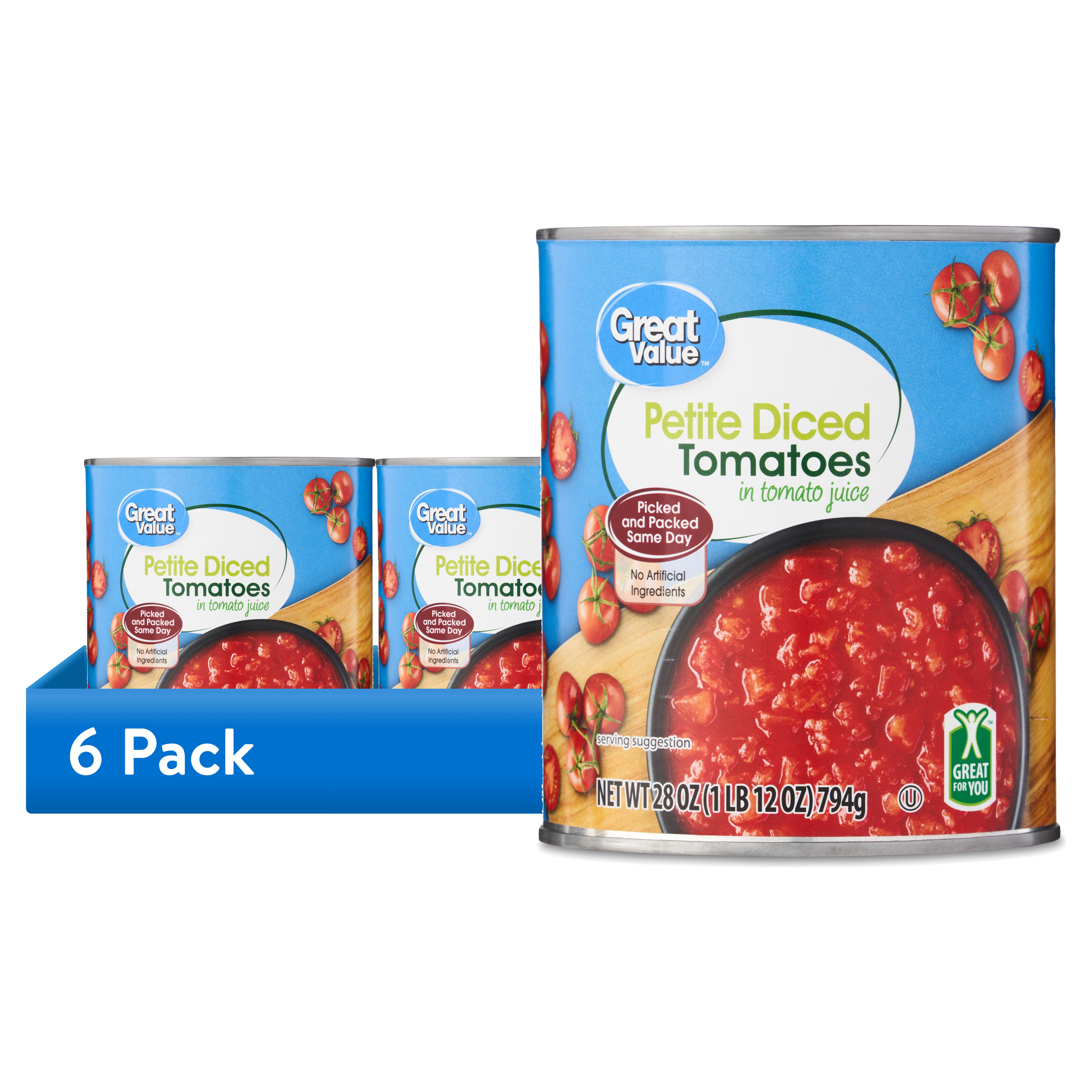 (6 pack) Great Value Petite Diced Tomatoes in Tomato Juice, 28 oz Can