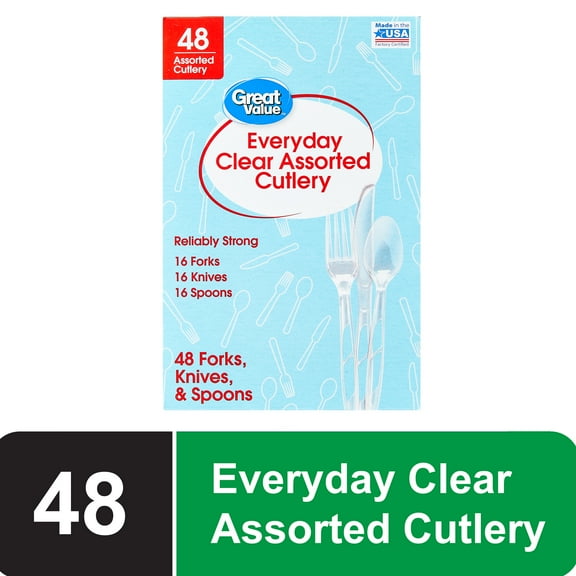 Great Value Plastic Everyday Clear Assorted Cutlery, 48 Count includes 16F/16S/16K
