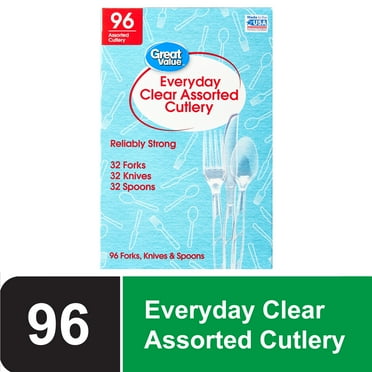 Great Value Plastic Everyday Clear Assorted Cutlery, 96 Count includes 32F/32S/32K