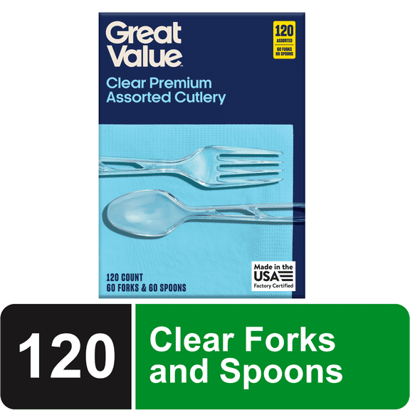 Great Value Clear Plastic Fork and Spoon Combo, 120 Count