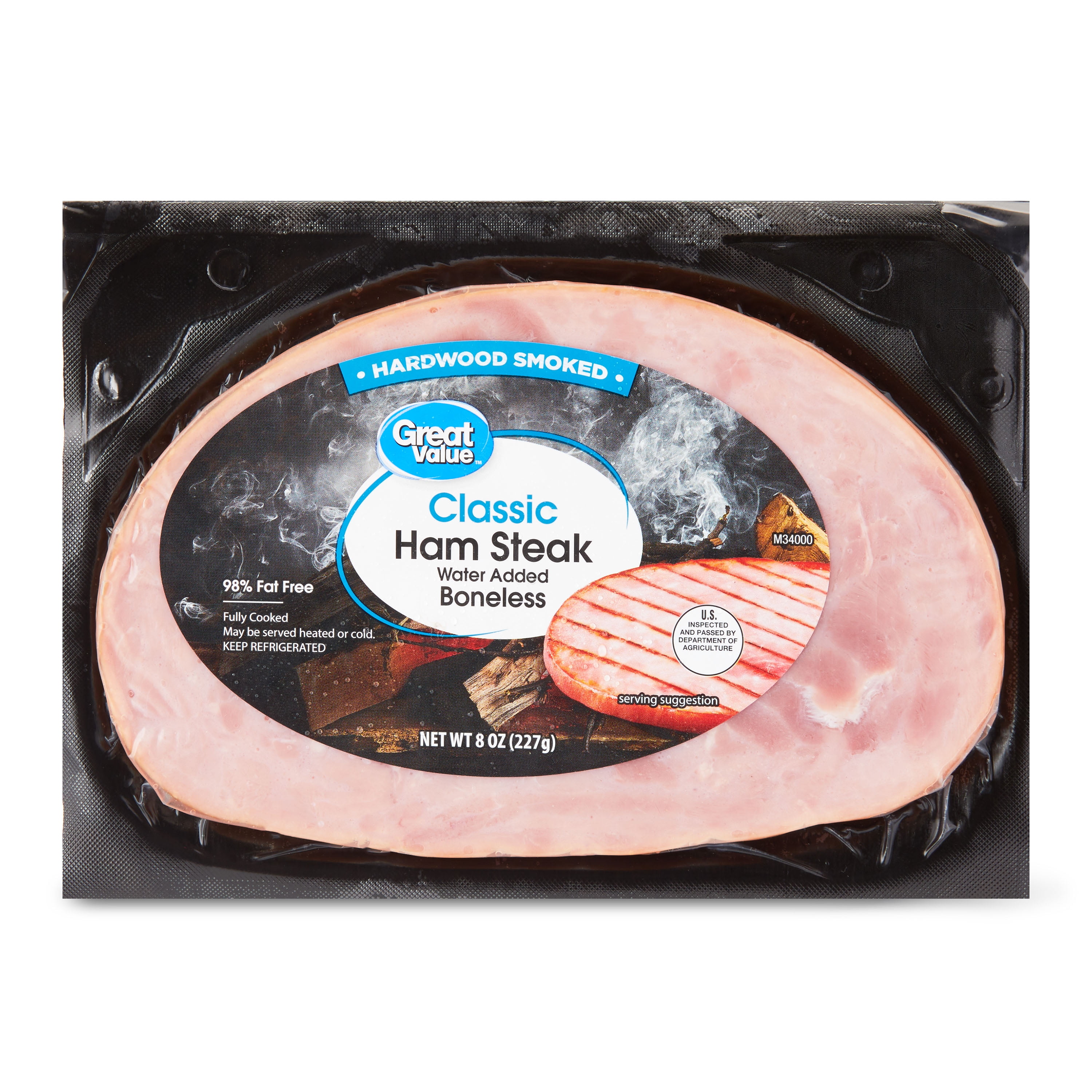 Great Value Pork, Boneless, Cooked, Hardwood Smoked Ham Steak, 8 oz Sealed Plastic Package