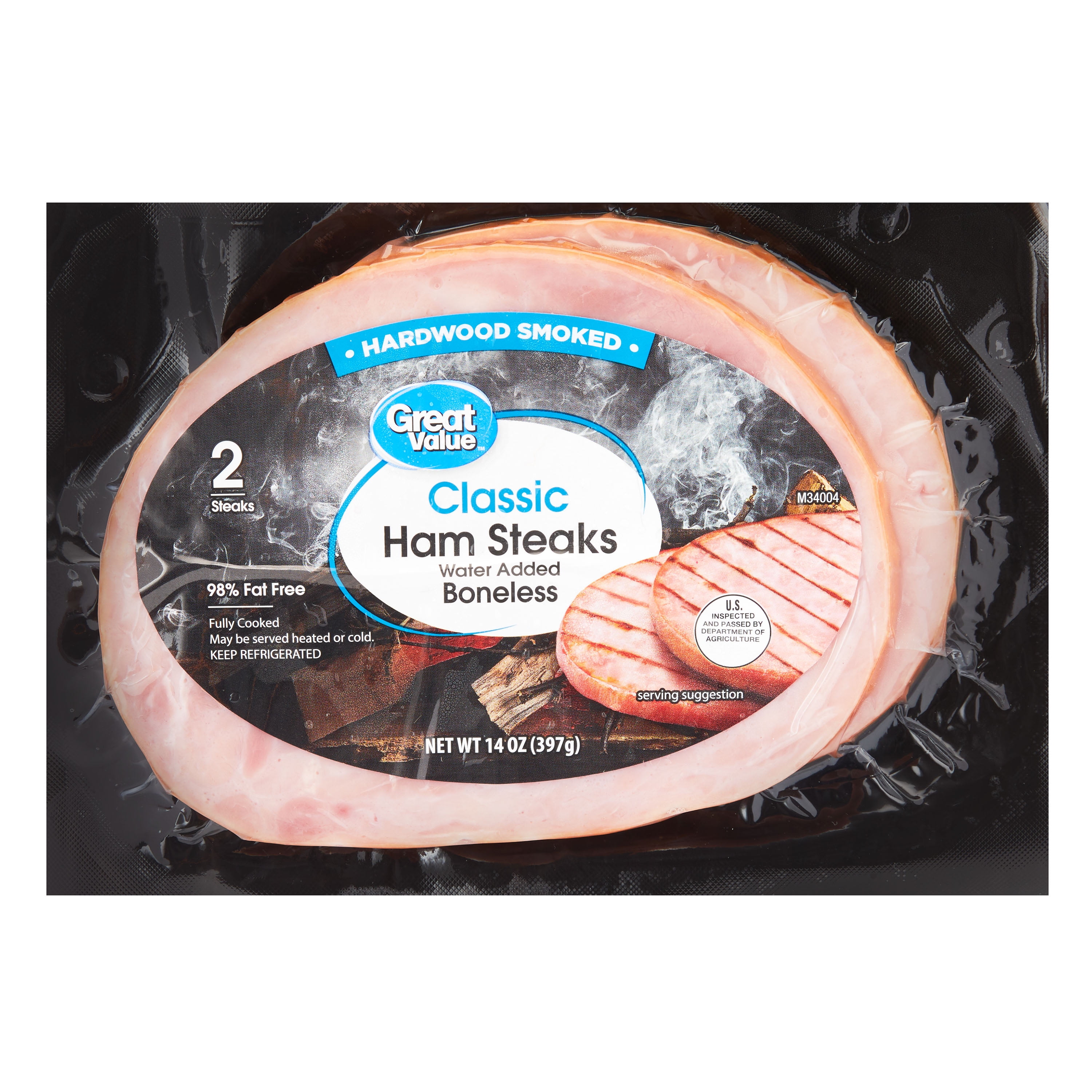 Great Value, Pork, Boneless, Cooked, Smoked, Ham Steaks, 2 Pack, 14 oz Sealed Plastic Package