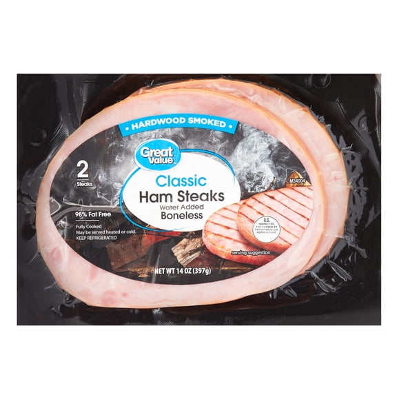 Great Value Pork Boneless Cooked Smoked Ham Steaks, 2 Pack, 14 oz Sealed Plastic Package