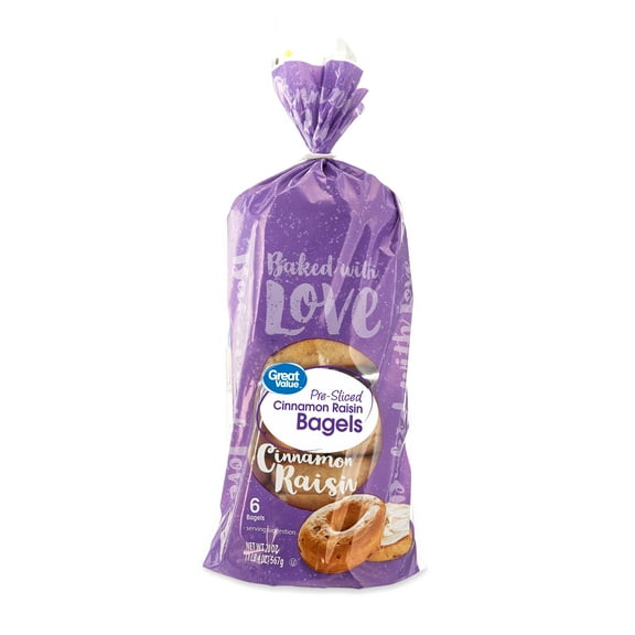 Great Value Pre-Sliced Cinnamon Raisin Bagels, 20 oz, 6 Count