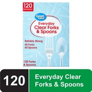Great Value Premium Clear Disposable Cutlery, 120 Count Fork and Spoon Combo Ideal for Everyday Use