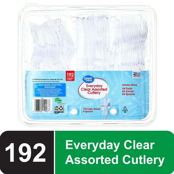 Great Value Premium Clear Disposable Cutlery Entertainment Set for Dining & Parties, 192 Count