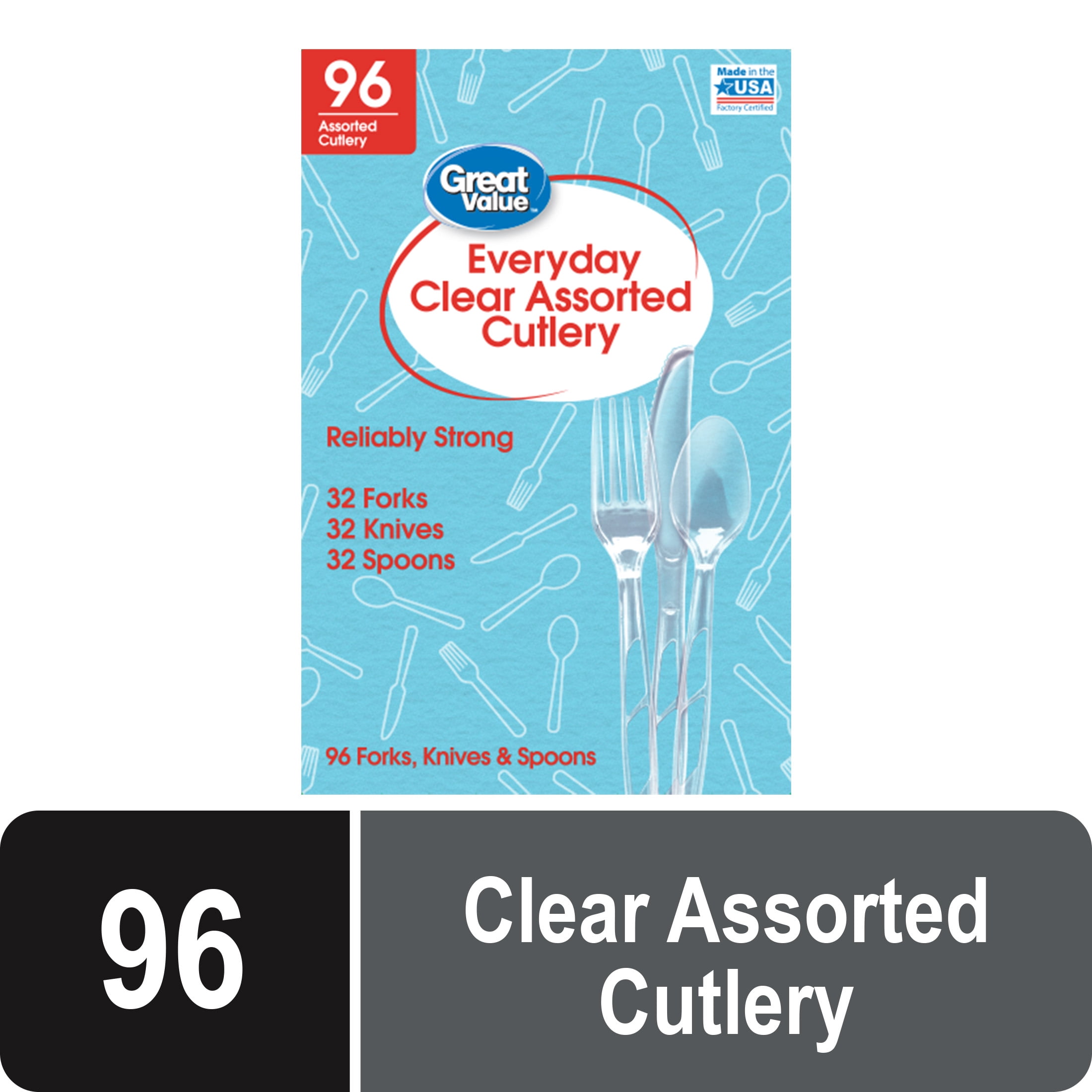 Great Value Premium Clear Disposable Plastic Assorted Cutlery, 96 Count