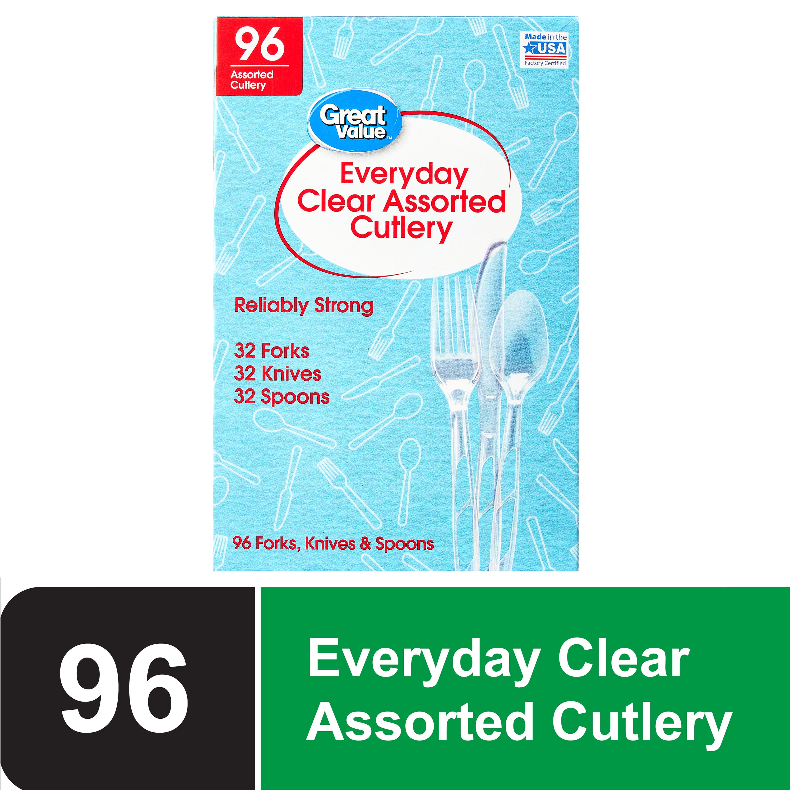 Great Value Everyday Clear Assorted Cutlery, 96 Count