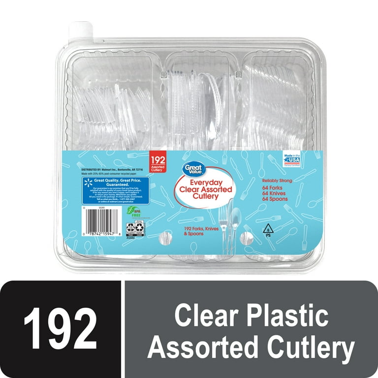 Great Value Premium Disposable Plastic Cutlery, Clear, Assorted, 192 Count