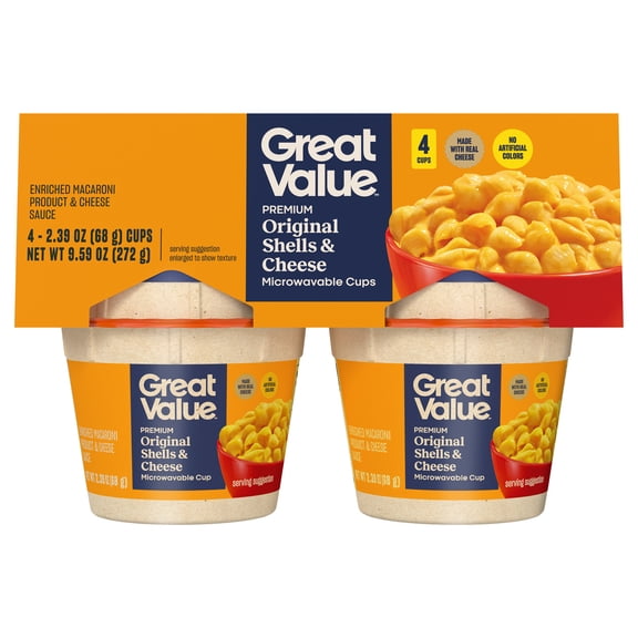 Great Value Premium Shells & Cheese Microwavable Cups, Original, 2.39 oz, 4 Count (Shelf Stable)