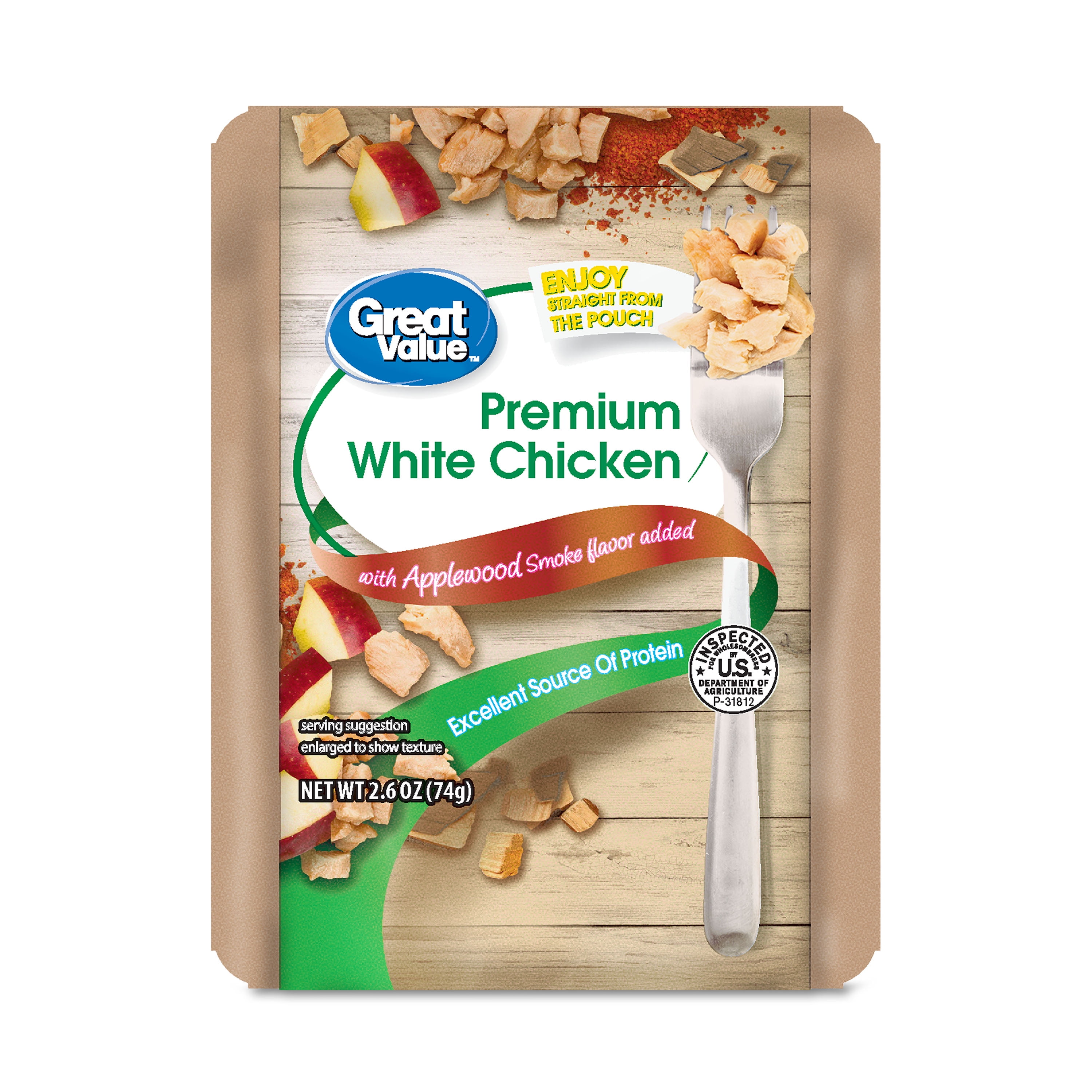 Great Value Premium Applewood Smoked Fully Cooked White Chicken Pouch, 2.6 oz