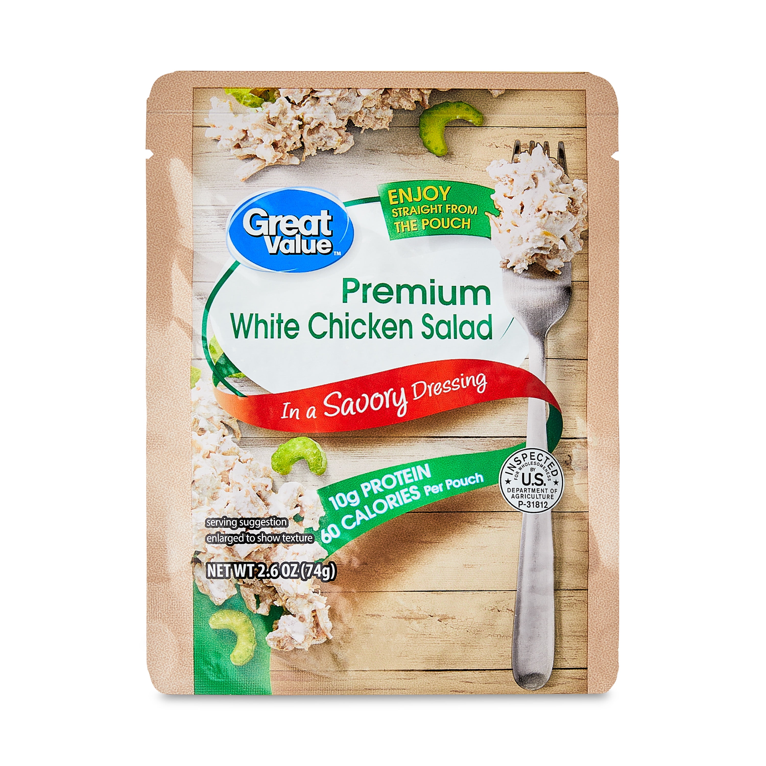 Great Value Premium White Chicken Salad Pouch, Ready-to-Eat, 2.6 oz, Shelf-Stable