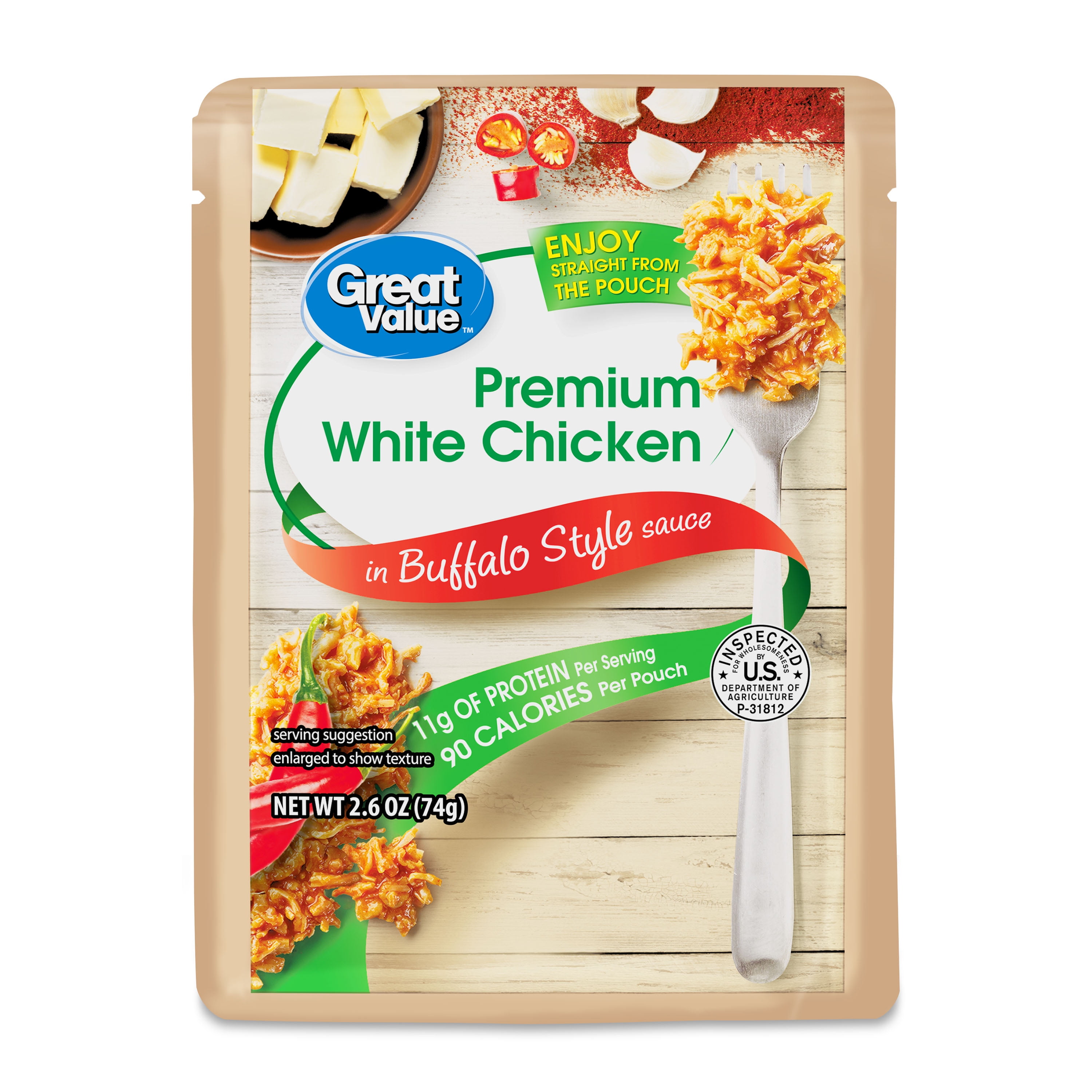 Great Value Premium White Chicken, in Bold Buffalo Sauce, 2.6 oz Pouch (Shelf-Stable)