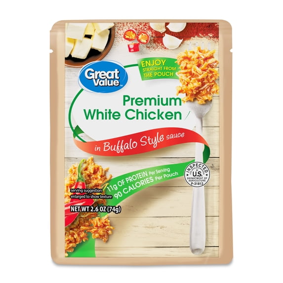 Great Value Premium White Chicken, in Bold Buffalo Sauce, 2.6 oz Pouch (Shelf-Stable)
