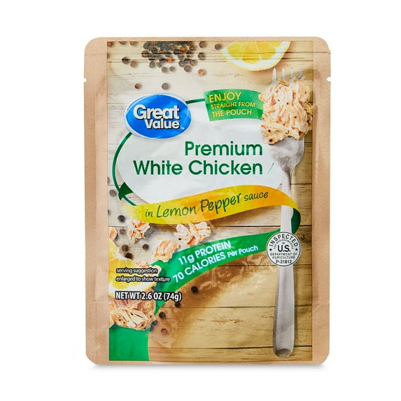 Great Value Premium White Chicken in Lemon Pepper Sauce, 2.6 oz Pouch (Shelf Stable)